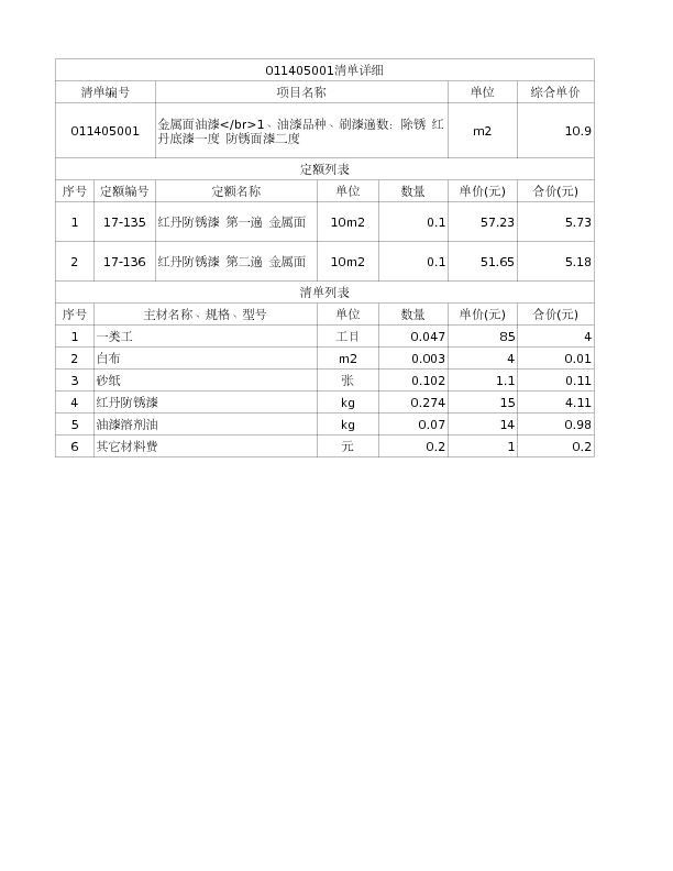 011405001  金属面油漆</br>1、油漆品种、刷漆遍数：除锈 红丹底漆一度 防锈面漆二度