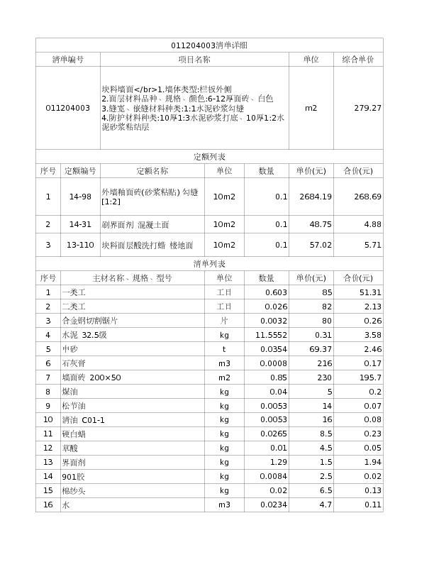 011204003  块料墙面</br>1.墙体类型:栏板外侧
